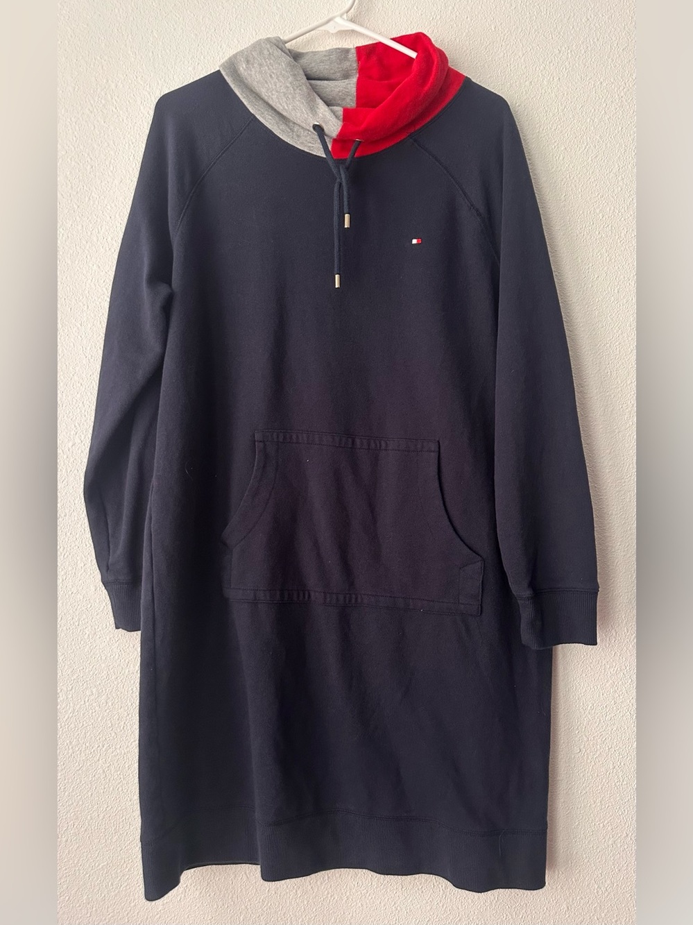 Tommy Hilfiger Navy Sweatshirt Dress with Red and Gray Cowlneck - large